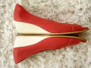 LADIES Vintage Red Canvas Peep Toe Heels Wedges 6.5  