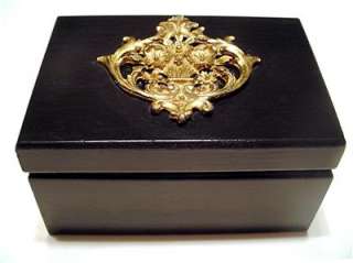 Vintage BLACK LACQUER WOOD JEWELRY BOX w/GOLD TONE VICTORIAN FLORAL 