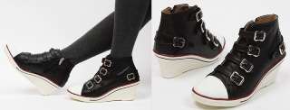 Womens Black White Buckle High Top Sneakers Zip Wedge Heel Shoes US 5 