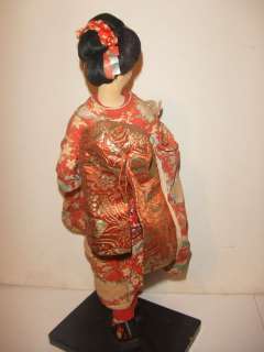 WWII Vintage 1940s Japanese GEISHA DOLL Cloth Figurine 14 tall Wood 