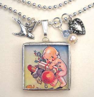 VINTAGE KEWPIE BLUEBIRD RVSBL VINTAGE POSTCARD NECKLACE  