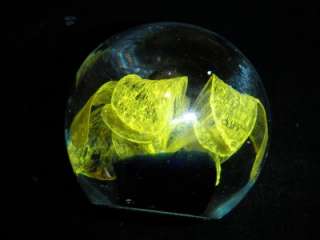 VINTAGE YELLOW FLOWER BUBBLE GLASS HEAVY PAPERWEIGHT  