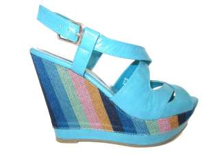 New Bamboo Turquoise Multi color Booster 04 Wedge Platform Sandals 5.5 