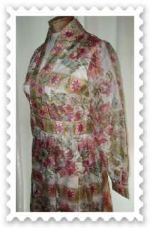 Vintage 60s Sheer Flocked Garden Floral Party Dress B34  