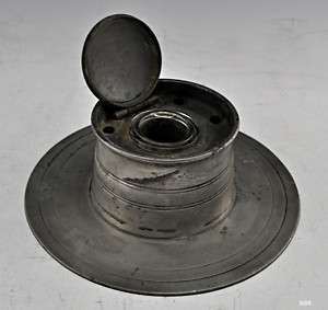 Antique Pewter Ink Well Stand w/ Glass Bowl/ 5 Quills  