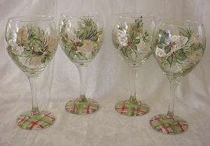   , HOLLY & BERRIES HAND PAINTED HOLIDAY WINE GLASSES 20oz size glass