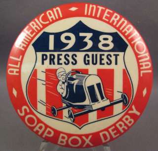 1938 SOAP BOX DERBY PRESS GUEST CELLULOID BUTTON/PINBACK~ADCRAFT MFG 