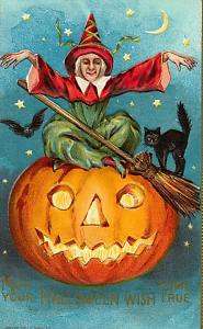 Fabric Block Vintage Halloween Witch Pumpkin Cat  