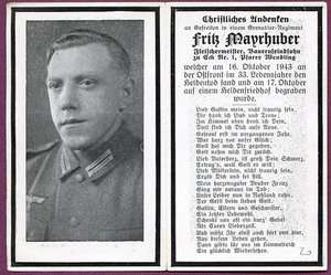1942 German Death Card Gefreiter Fritz Mayrhuber  