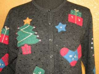 Ugly, Cute Wool Christmas Sweater Talbots Small Petite Cardigan, Trees 