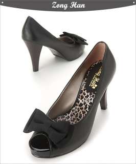 Lady Womens Round Toe High Heels Bow Shoes in Black, Black Leopard 