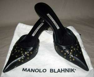 MANOLO BLAHNIK Black Slide Shoes w/Kitten Heels & Brass Studs Sz 40/10 