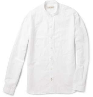   Long sleeved shirts  Bib Front Grandad Collar Linen Blend Shirt