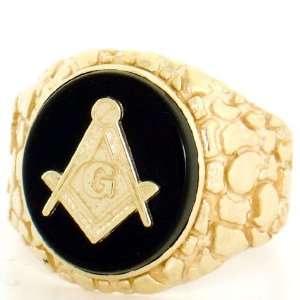  10K Solid Gold Oval Onyx Masonic Nugget Mens Ring Jewelry