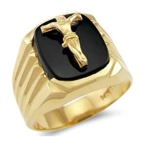   New Solid 14k Yellow Gold Mens Onyx Cross Crucifix Ring Jewelry
