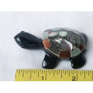  Hand Carved Polished Black Obsidian Turtle with Abalone 