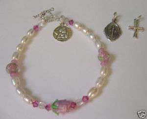 Handmade Rose/ FW pearl ANGEL charm bracelet   rosary  