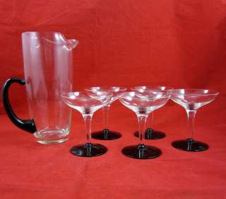 MARTINI GLASSES & PITCHER Bar Set Vintage BLACK GLASS HAND BLOWN RETRO 