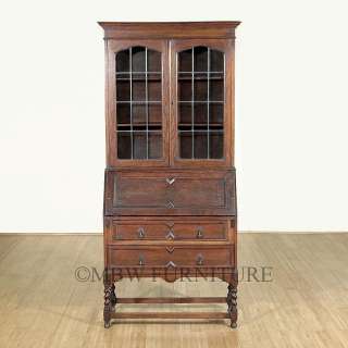 Antique English Oak Jacobean Barley Twist Secretary Bureau Bookcase 
