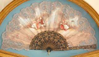 RARE ANTIQUE LACE SILK SIGNED HND PTD GILDED STAVES FAN  