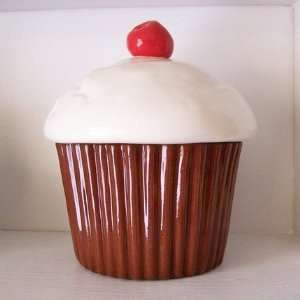 Vintage Ceramic Chocolate Cupcake Cookie Jar Container (With Cherry On 