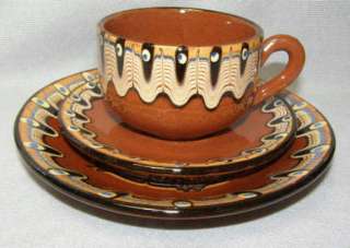 Bulgaria Troyan Folk Art Redware Trio /s Cup & S+Plate  