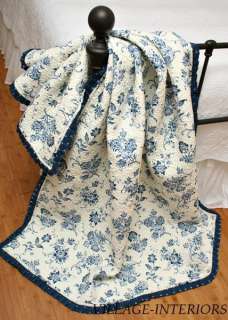 FRENCH COUNTRY STAFFORD BLUE & WHITE TOILE COTTON QUILT THROW  