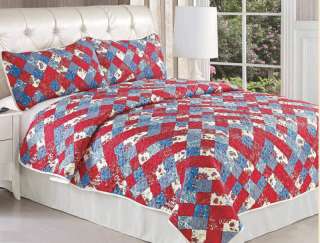 Blue and Red Blooming Bedspread Quilt Set Cal King  