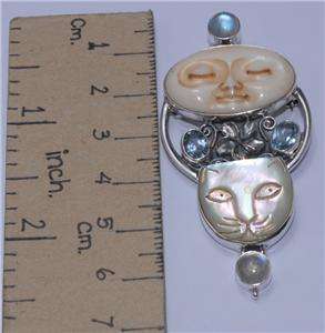   and Cat Face Moonstone Blue Topaz Silver 925 Pin Pendant T4271  