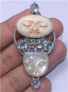   and Cat Face Moonstone Blue Topaz Silver 925 Pin Pendant T4271  