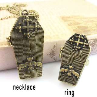 Gothic Coffin Locket Vampire Bat Antique Brass Necklace  