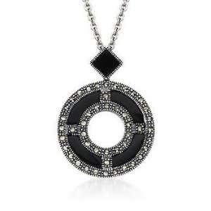  Marcasite, Black Onyx Open Circle Pendant Necklace In 