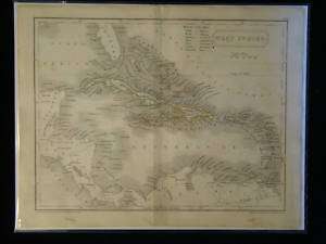 WEST INDIES Map 1844 Antique HAND COLORED Bahamas RARE  