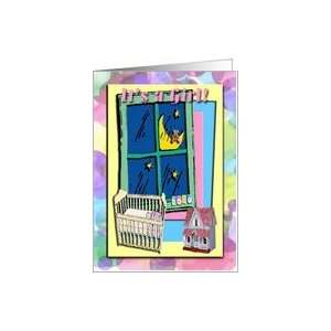   Girl, Baby in Crib with a View of the Moon with a Teddy Bear. Card