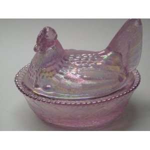  5 Clear Pink Carnival Glass Hen on Nest Wooven Base 