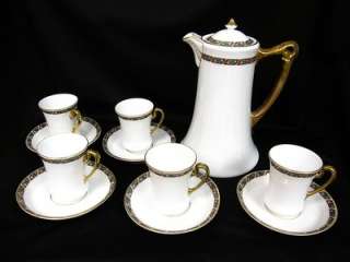 ROYAL BAYREUTH CHOCOLATE SET POT & 5 CUPS+SAUCERS WHITE/FLORAL/GOLD 