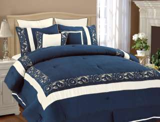 8Pcs Full Shilo Navy/White Embroidered Comforter Set  