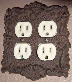 Double Electrical Plug Outlet Cover Antique White Metal  