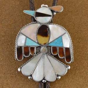   Pawn Sterling Silver Turquoise Multi Gems Thunderbird Bolo Tie  