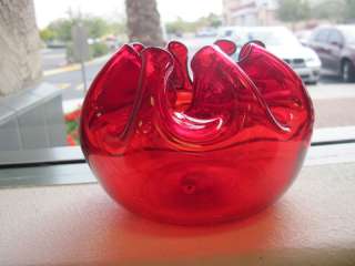 Handblown Deep Red Pinched Glass Bowl  