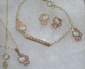 18Kt Gold gf GIRLS PINK HELLO KITTY Earrings, Necklace, Bracelet 4pc 