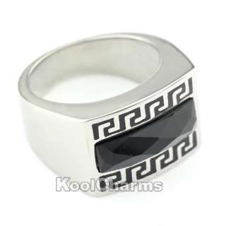 MEN Black Agate Greek Pattern Stainless Steel Ring KR11  