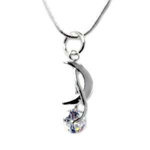    925 Sterling Silver Toned Crescent Moon & Crystal Necklace Jewelry