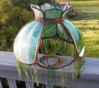   ANTIQUE SLAG STAINED GLASS HANGING LAMP SHADE FRAME WITH FRINGE  