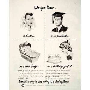  1950 Ad US Savings Bonds Bride Graduate Baby Birthday Girl 