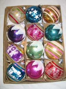 Vintage Christmas Glass Shiny Brite Snowcap Stencil Stripe Ornaments 