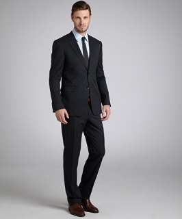 black subtle plaid super 100s wool two button suit with flat front 