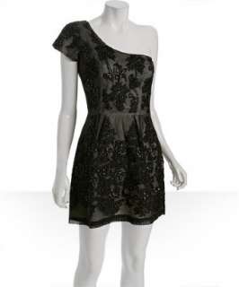 French Connection black beaded jacquard one shoulder dress   