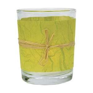  Chartreuse Green Short Raffia Belted Rice Paper Candle 