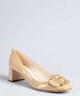 Prada sand patent leather logo buckle square toe pumps style 